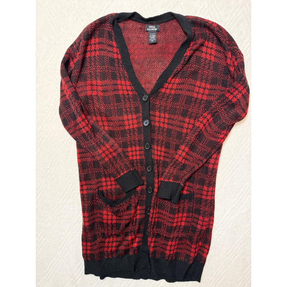 Cozy Buffalo Plaid Cardigan Sweater Small Red Black Button Front Long Boho